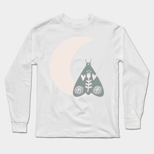 Crescent Moon and Butterfly With Folk Art Wild Flowers in Putty and Sage Boho Nursery Colors Long Sleeve T-Shirt